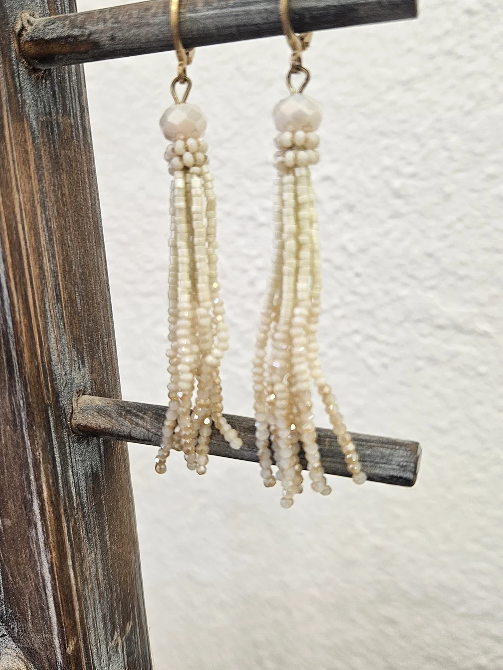 Handmade Cream Beaded Tassel Earrings - Unbranded